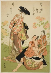 Die Schauspieler Iwai Hanshiro IV als Kuzunoha, Ichikawa Yaozo III als Yakanpei und Ichikawa Ebizo IV als Abe no Doji, im Stück "Ashiya Doman Ouchi Kagami," aufgeführt im Nakamura Theater im neunten Monat, 1784