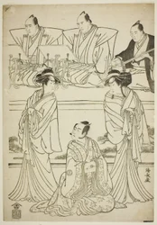 Die Schauspieler Segawa Kikunojo III als Geist von Yatsuhashi, Sawamura Sojuro III als Soga no Juro und Ichikawa Danjuro V als Geist von Seigen, im Stück "Sono Omokage Matsu ni Sakura," aufgeführt im Nakamura Theater im ersten Monat, 1783