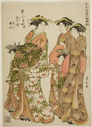 Die Kurtisane Toji von Ogiya mit ihren Begleiterinnen Satoji und Uraji, aus der Serie "Modelle für Mode: Neue Designs so frisch wie junge Blätter (Hinagata wakana no hatsu moyo)"