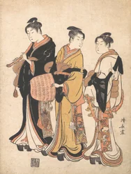 Drei junge Frauen, die sich als Komuso-Wandermusiker verkleiden, ca. 1778