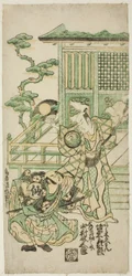 Die Schauspieler Bando Hikosaburo I als Araki Shozaemon und Nakamura Sukegoro I als Daidoji Tahatanosuke im Stück Chigozakura Futabajikki, aufgeführt im Ichimura Theater im zehnten Monat, 1746