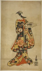 Der Schauspieler Sanjo Kantaro II als Oshichi im Stück "Nanakusa Fukki Soga," aufgeführt im Ichimura Theater im ersten Monat, 1718