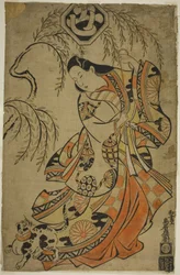 Der Schauspieler Uemura Kichisaburo als die dritte Prinzessin im Stück Wakoku Gosuiden, aufgeführt im Morita-Theater im dritten Monat, 1700