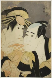 Die Schauspieler Ichikawa Tomiemon (R) als Kanisaka Toma und Sanogawa Ichimatsu III (L) als die Gion-Prostituierte Onayo