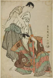 Die Schauspieler Ichikawa Yaozo III (R) als Fuwa Banzaemon und Sakata Hangoro III (L) als Kosodate Kannonbo