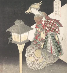 Kurtisane bei einer Laterne, „Feuer“, aus der Serie Fünf Elemente für die Bunsai-Poesiegruppe, ca. 1820