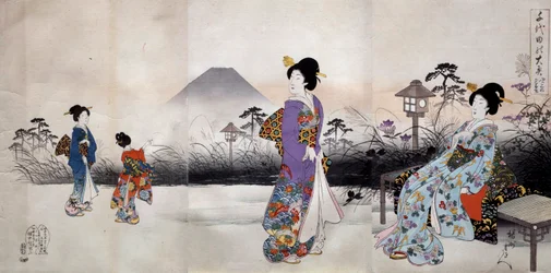 Japanische Frauen spazieren vor dem Berg Fuji, japanischer Druck von Toyohara Chikanobu (1838-1912) 1896, Privatsammlung