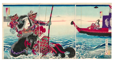 Schauspieler Ichikawa Danjuro IX als Nasu no Yoichi Munetaka und Nakamura Fukusuke IV als Tamamushi Gozen