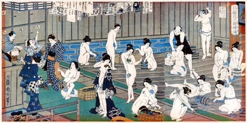 Badehausszene, ein Druck von Toyohara Kunichika, 19. Jahrhundert
