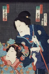 Onoe Baikō als jüngere Schwester Benizara und Seki Sanjūrō als Mutter Kataomoi in dem Stück „Ichiban Norime Iki no Sashimono“