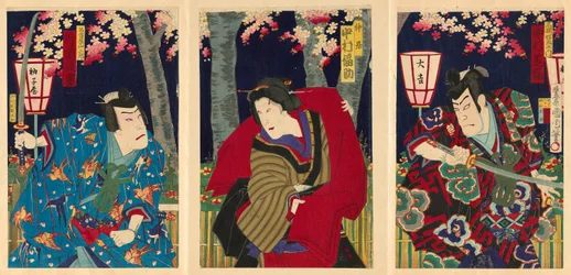 Die Schauspieler Nakamura Shikan IV als Fuwa Banzaemon, Nakamura Fukusuke IV als das Dienstmädchen und Kataoka Gado III als Nagoya Sanzaburo