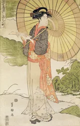 Stehende Frau mit Sonnenschirm (Farbholzschnitt)