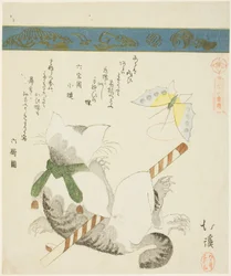 Katze spielt mit einem Spielzeugschmetterling, aus der Serie "Sechsunddreißig Bilder von Vögeln (Sanjuroku kinzoku)"