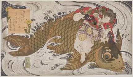 Oniwaka Mara (Kleiner Dämon) besiegt einen riesigen Karpfen, Surimono-Diptychon, Szene aus dem Leben des Helden Benkei aus dem 12. Jahrhundert, ca. 1830