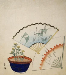 Vase mit Adonis und zwei Fächern, dekoriert mit Gedichten von Ichotei Mitsunori und Fudegaki, um 1830