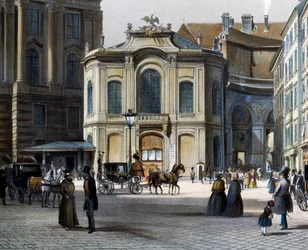 Burgtheater in Wien Michaelerplatz mit Winterreitschule rechts, von Tranquillo Mollo (1767-1837), kolorierte Gravur, Österreich