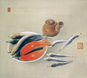 Stillleben. Lachsscheiben und Sardinen, 1924
