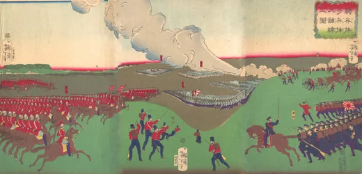 Illustration von Kavallerie, Infanterie und Soldaten im Rückzug Kiheitai, hoheitai, 8. Monat, 1867