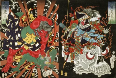 Kintoki besiegt einen Dämon und Krieger auf einem Schädel, 1868