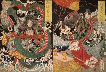 Tawaraya Tda und ein Drache und Ono no Komachi beten um Regen aus der Serie Tapferkeit in China und Japan, 1868