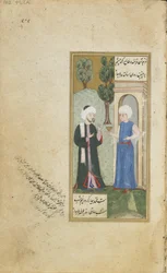 Folio aus einem Gulistan (Rosengarten) von Sadi; Jugend bietet ein Getränk an