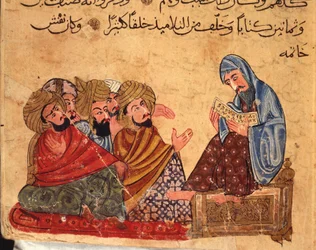 Sokrates diskutiert über Philosophie mit seinen Anhängern, Türkei, arabisches Manuskript