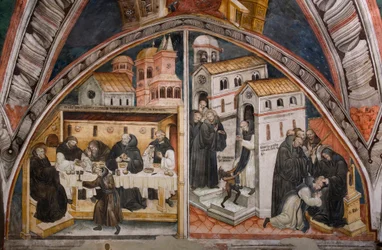 Episoden aus dem Leben des Heiligen Benedikt von Nursia: Links der Angriff der Mönche von Vicovaro, die versuchen, den Heiligen Benedikt zu vergiften, dieser zerbricht auf wundersame Weise den Becher mit dem Gift, rechts der Heilige Benedikt, der einen Mön