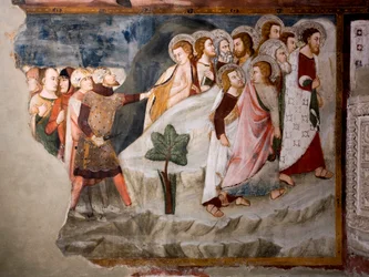 Die Flucht der Apostel (Detail). Fresko der Schule von Umbrien aus dem 15. Jahrhundert. Obere Kirche. Kloster von San Benedetto (Sacro Speco), Subiaco (Rom), Italien