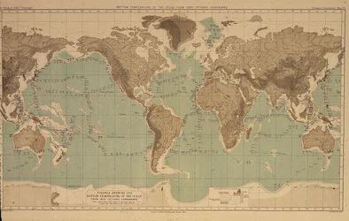 16 Karten zur Veranschaulichung der Meerestemperaturen in verschiedenen Tiefen, aus Berichten der Challenger-Expedition