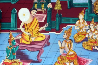 20151029, Vientiane, Laos: Wat Inpeng buddhistischer Tempel. Malerei, die die Lebensgeschichte von Shakyamuni Buddha darstellt