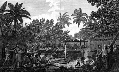 Ein Menschenopfer in einem Morai auf Otaheite in Anwesenheit von Kapitän Cook, um 1773