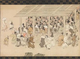 Eine Nenbutsu-Versammlung in Ichiya, Kyoto, aus der illustrierten Biografie des Mönchs, spätes 14. Jahrhundert