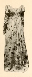 Ein Kleid aus bufffarbenem glasiertem Chintz, getragen von Madame Chevalier, um 1795, 1937