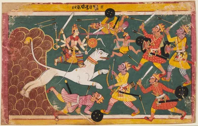 Eine Seite aus dem Devi-Mahatmya: Die Göttin als Trinkerin des Dämons Raktabija, um 1640