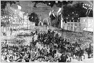 Eine Prozession zur Feier des Geburtstags des Prinzen von Wales, Bombay, Indien, 19. Jahrhundert