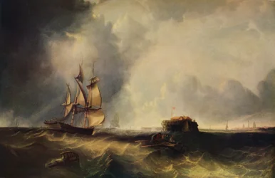 Ein Schiff und Männer in einem Ruderboot vor Calais, ca. 1830, 1938