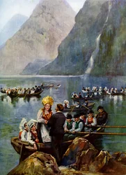 Eine Hochzeitsprozession auf Booten, Norwegen