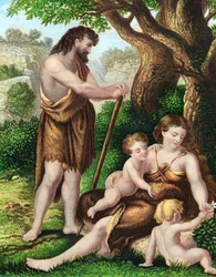 Adam und Eva mit ihren Söhnen Kain und Abel bei der Rast in der Wildnis, ca. 1860