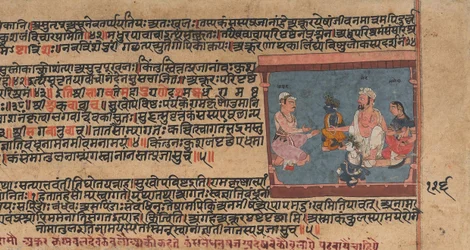 Akrura informiert Nanda und Yashoda: Seite aus einem verstreuten Bhagavata Purana