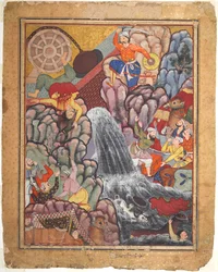 Alamshah zerschneidet die Kette des Rades, aus Band 11 eines Hamza-nama..., um 1560er - 1570