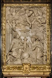 Altar des Heiligen Joseph oder Altar der Heiligen Familie, Hochrelief, Giacomo Bertesi 1668, Kathedrale Santa Maria Assunta, Kathedrale, Cremona, Lombardei, Italien (Foto)