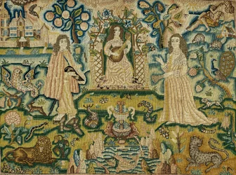 Ein besticktes Panel mit einer Frau, die Gitarre spielt, 17. Jahrhundert