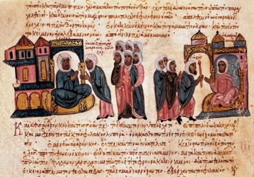 Andronikos II. Palaiologos mit seinem Sohn und Gefangenen (byzantinische Miniatur)
