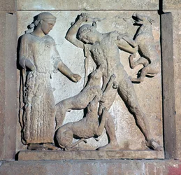 Archaische Metope, die Aktäon und Artemis zeigt, 5. Jahrhundert v. Chr.
