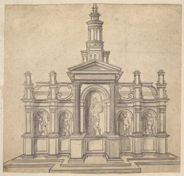 Architektonisch geformtes Tabernakel mit einem Heiligen und vier Putti, ca. 1530-49