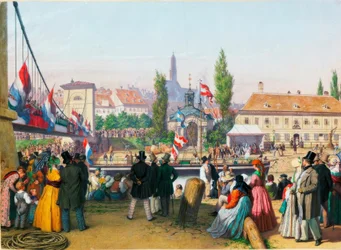 Ankunft des Dampfschiffs an der Station am Donaukanal, Wien, 1845