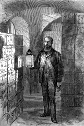 Banknotenspeicher in den Tresoren der Bank of England, um 1870