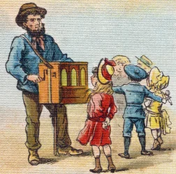 Barbary-Orgel. Gravur in "Alphabet de ma petite fille". Bernardin-Bechet und Fils, Buchhändler-Verleger, Paris, um 1895. Unzerbrechliches Album auf Leinwand. Bibliotheque des Bebes. 12 Seiten. Album mit einer Lesemethode und einem illustrierten Abecedarium