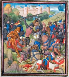 Schlacht zwischen Kreuzfahrern unter Balduin II. von Jerusalem und den Sarazenen. Miniatur aus der Historia von Wilhelm von Tyrus, 1460er