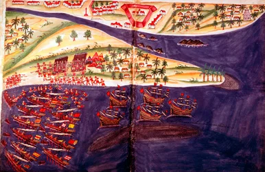 Schlacht zwischen Muslimen und Portugiesen bei Surat, Gujarat in der Nähe von Bombay, Indien, um 16. Jahrhundert